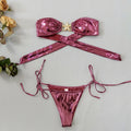 Women's glossy blue tube top split bikini with gold starfish print and long sleeves