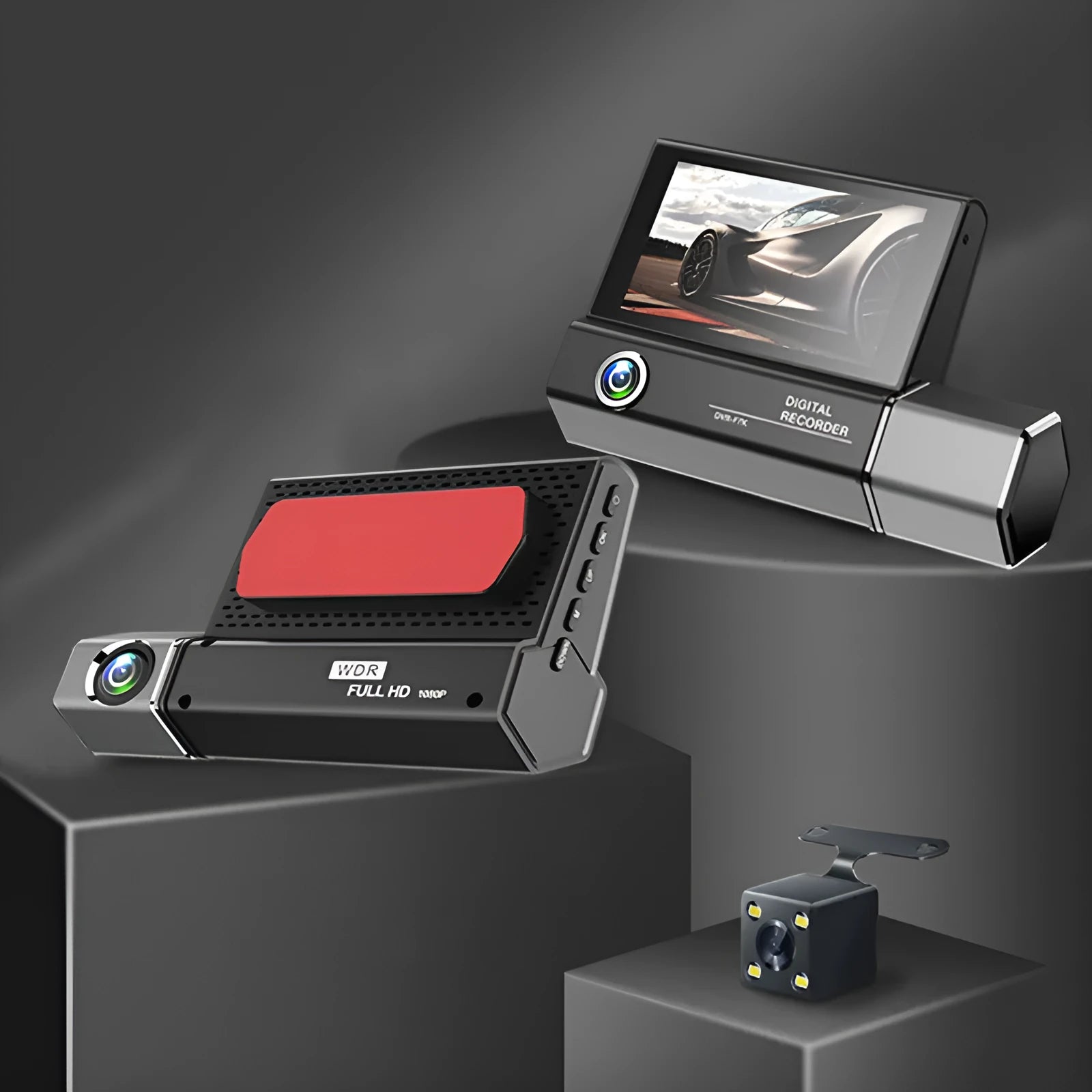 Black three-lens tachograph dash cam for car installation with 1080P HD recording