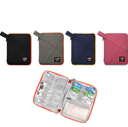 BUBM double-layer XL travel cable organizer in black, with compartments for USB, phone, charger, iPad cables, 25cm x 15cm x 10cm