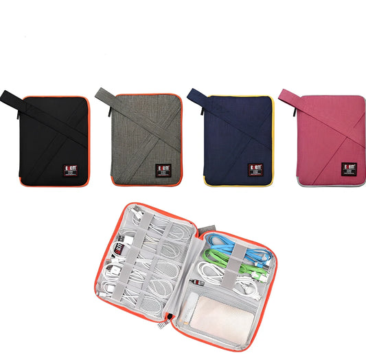 BUBM double-layer XL travel cable organizer in black, with compartments for USB, phone, charger, iPad cables, 25cm x 15cm x 10cm