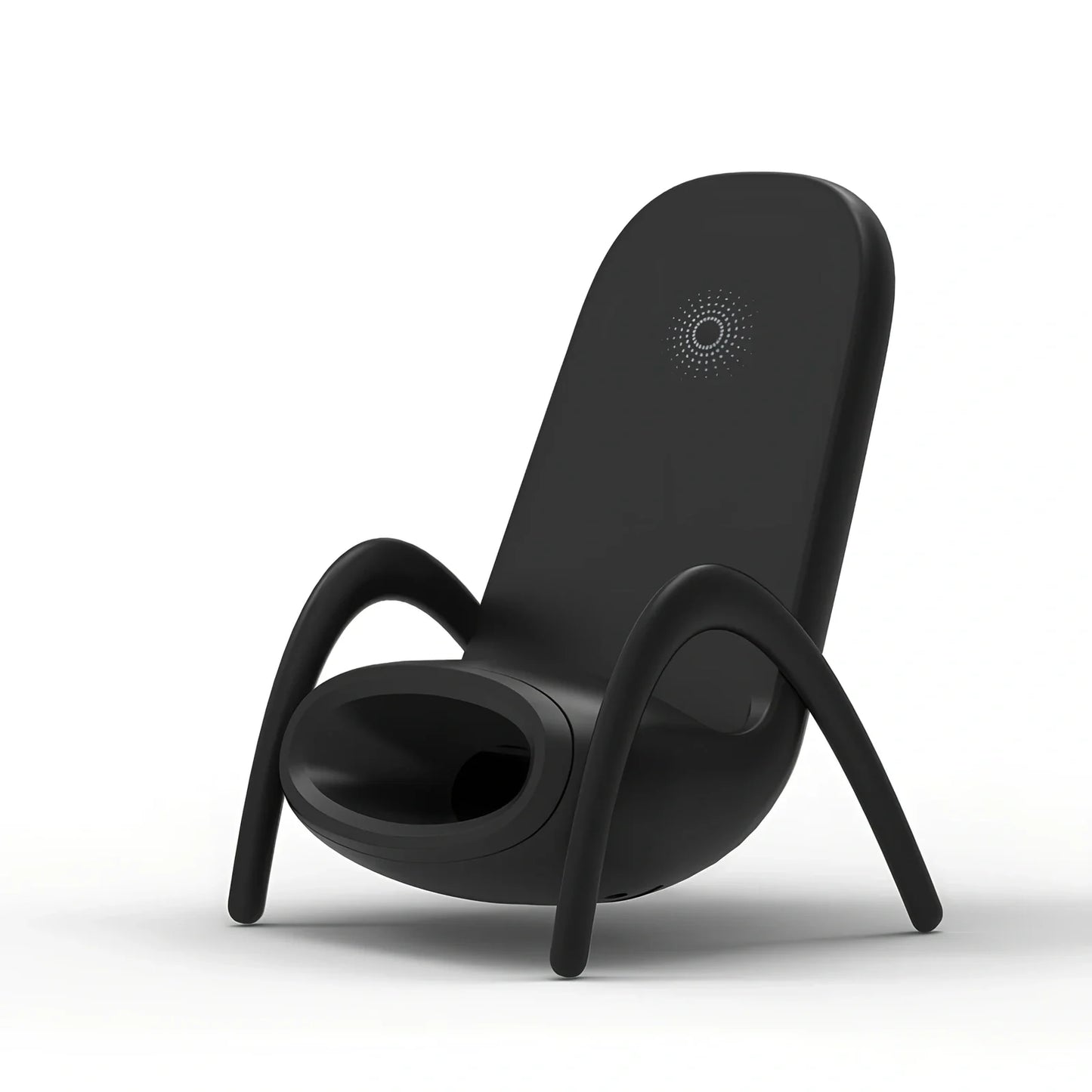 Black amplified wireless charger with bracket, 9.8 x 9.8 x 14.2 cm, for phone charging and audio boost