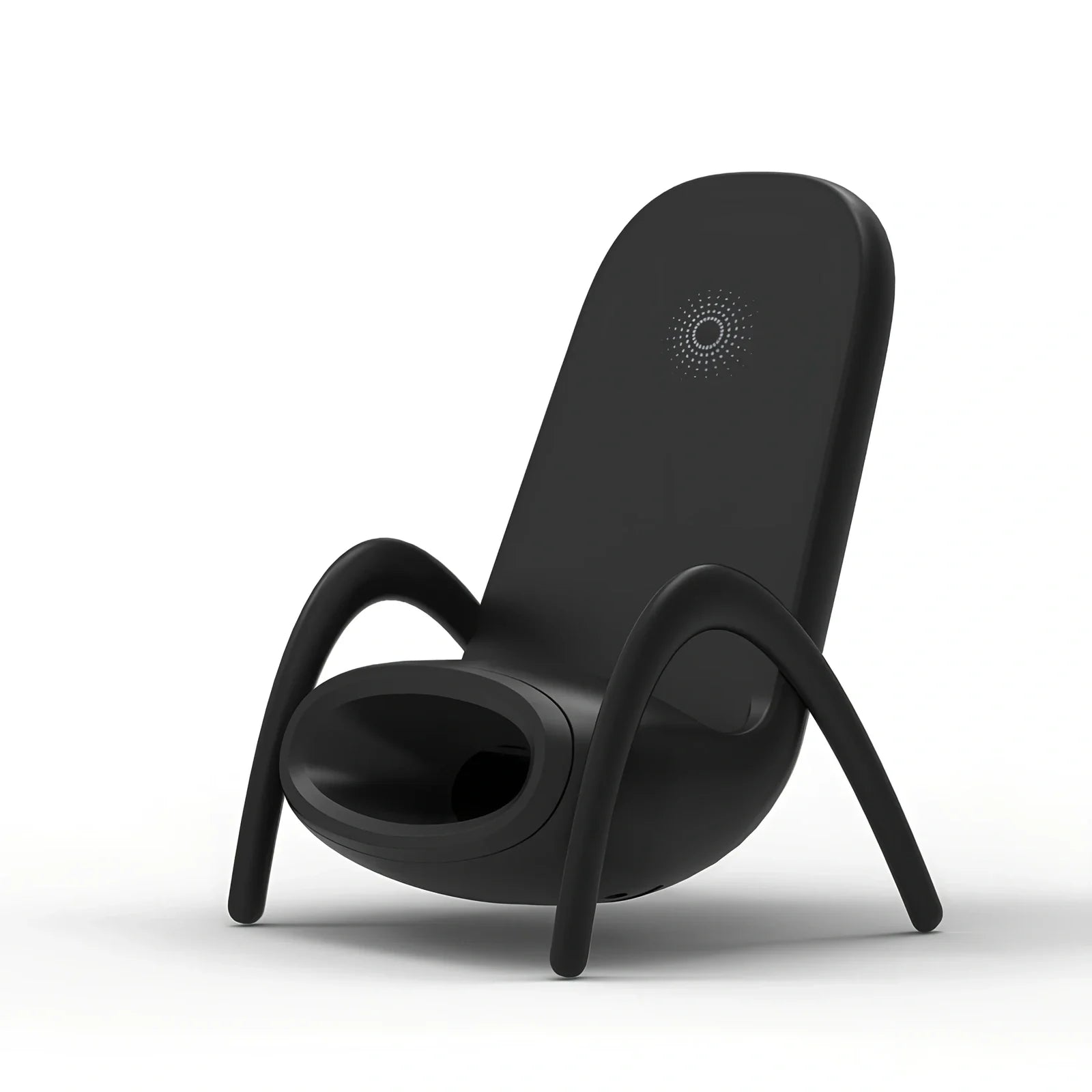 Black amplified wireless charger with bracket, 9.8 x 9.8 x 14.2 cm, for phone charging and audio boost