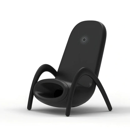 Black amplified wireless charger with bracket, 9.8 x 9.8 x 14.2 cm, for phone charging and audio boost