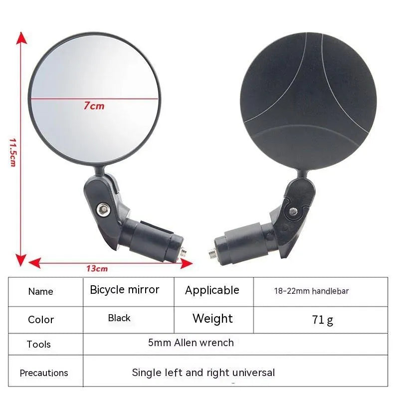 Black convex rearview mirror with 7cm diameter reflector and 14cm total length
