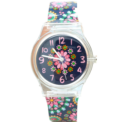 Floral quartz watch for children with Korean style and PVC strap