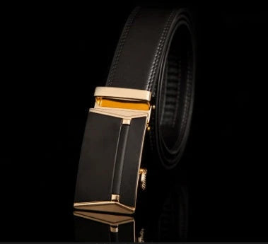 Men's automatic buckle leather belt with gold buckle head, 3.55cm width