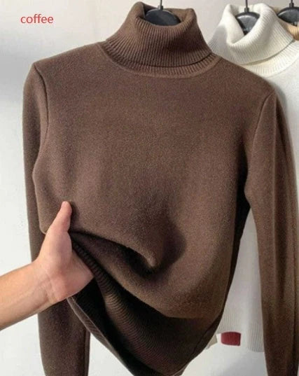 Women's turtle neck winter sweater in various colours, showcasing plush thickening and slim fit