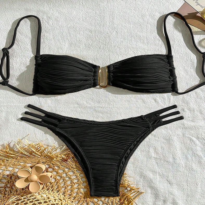 Women's striped polyester swimsuit in khaki, brown, white, black, or green for beach and hot spring activities