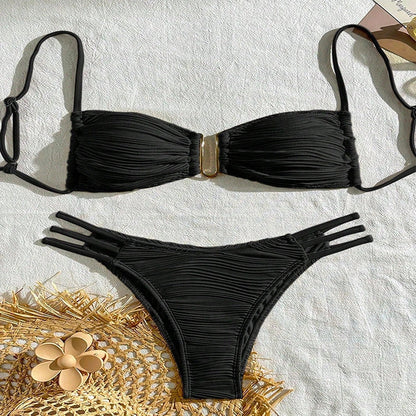 Women's striped polyester swimsuit in khaki, brown, white, black, or green for beach and hot spring activities