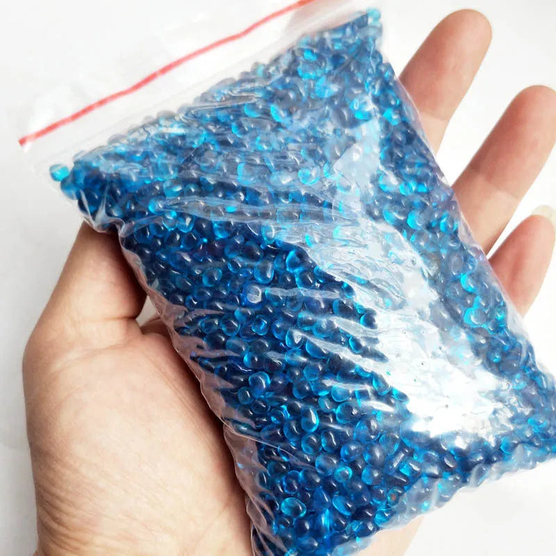 Sea blue glass sand beads for fish tank landscaping decoration, 3-6mm round particles in a 500g pack