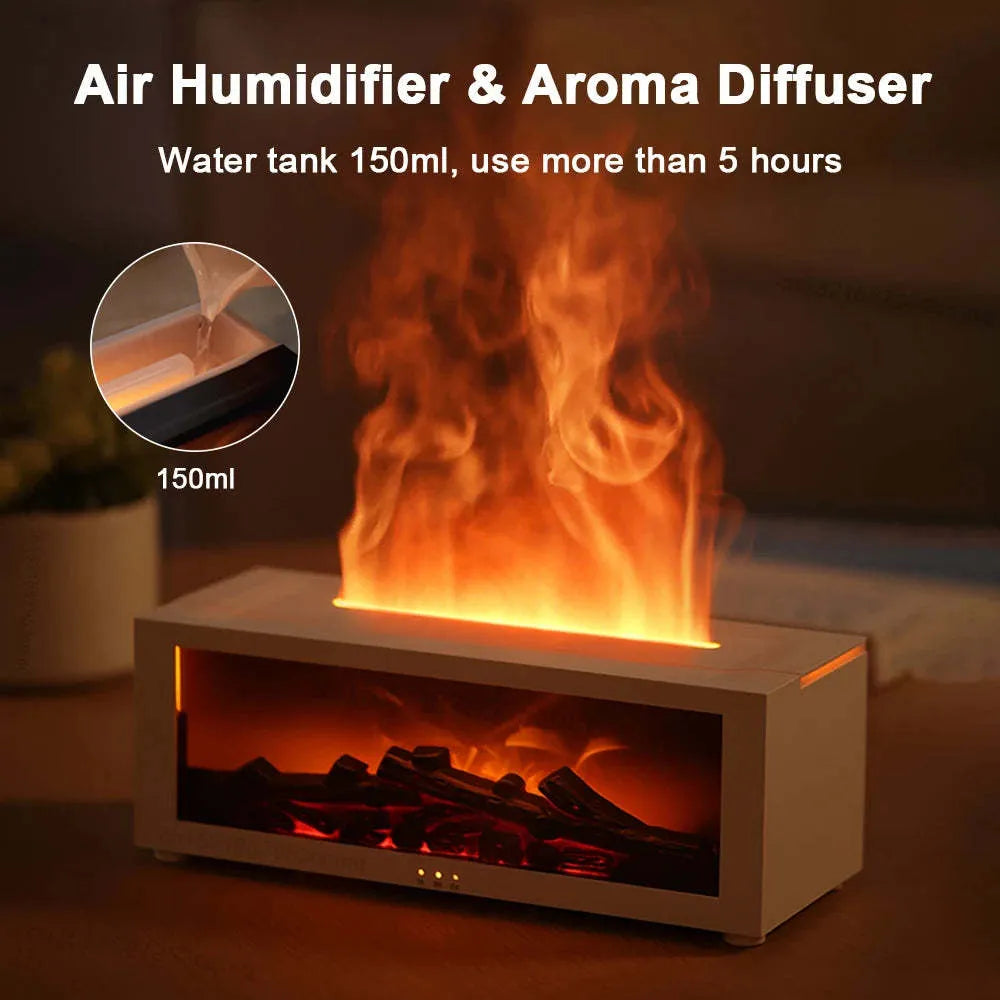 Square flame aromatherapy machine with 3D flame effect and LED lights, includes remote control