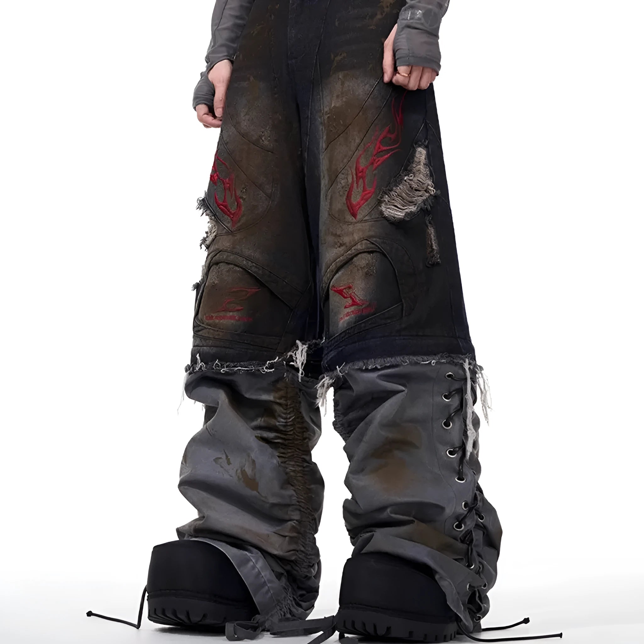 Men's retro jeans with detachable trouser legs showing wide leg styling