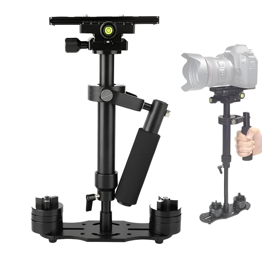 Black aluminium S40 and S60 handheld camera stabilisers with adjustable height and grip.
