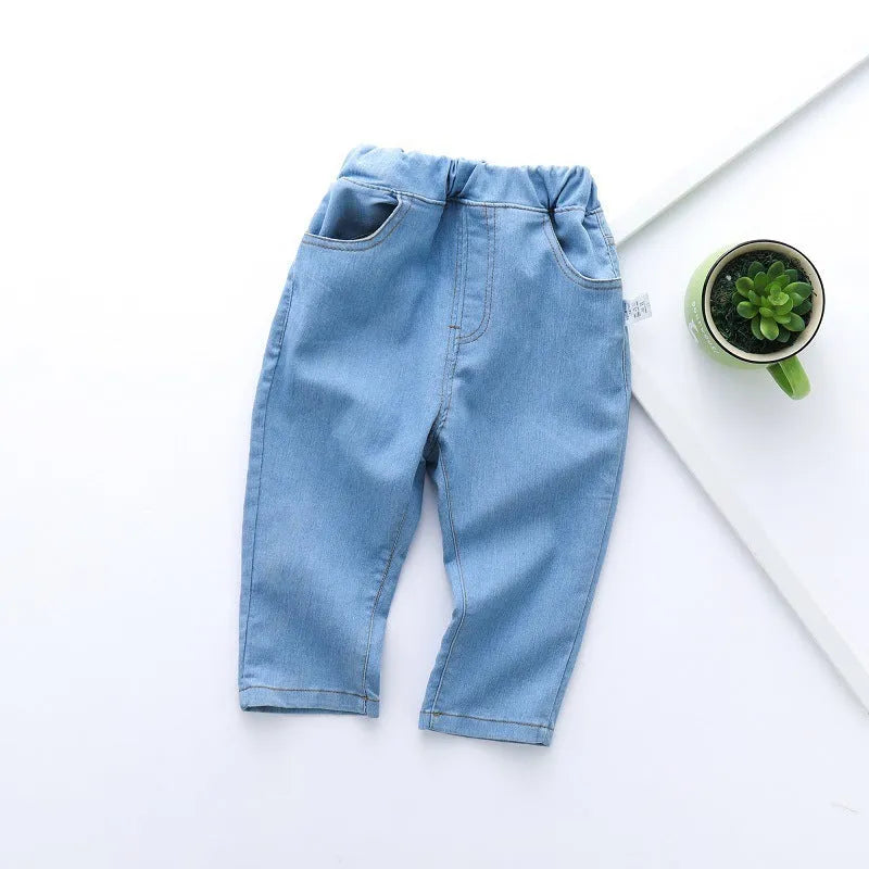 Children's casual straight jeans in blue, 95% cotton, elastic waistband, Korean style