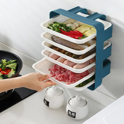 Wall-mounted kitchen side tray with six layers for efficient storage in blue, white, and coffee colour options