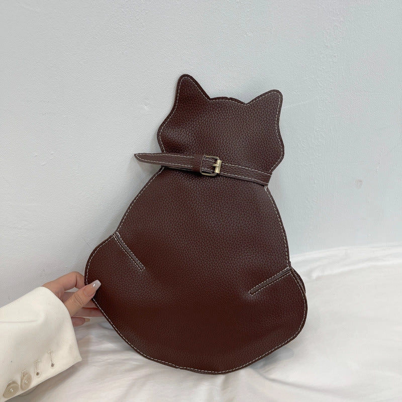 Women's trendy cat-themed messenger shoulder bag in black, coffee, and brown