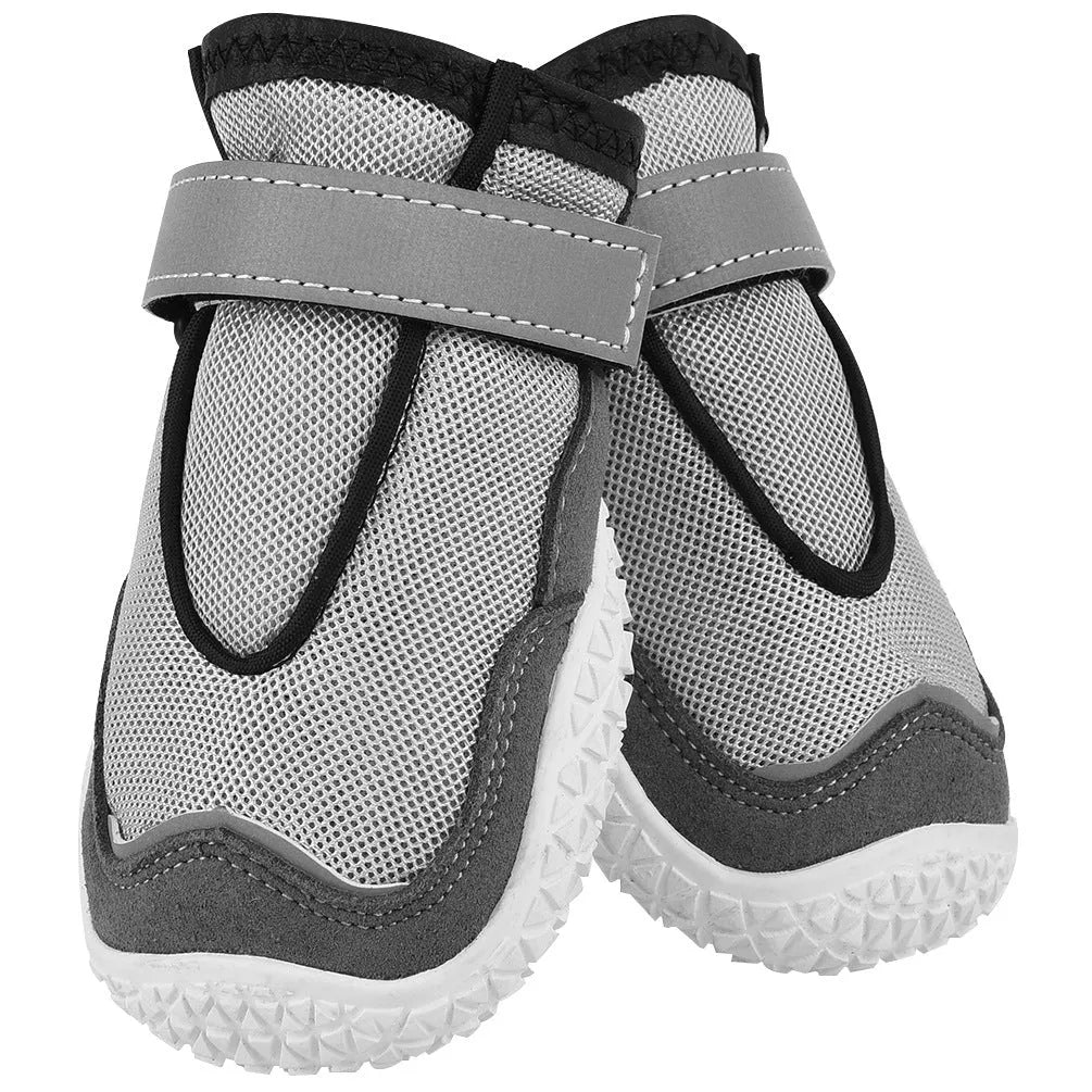 Grey wear-resistant breathable pet shoes for big dogs with reflective tape and rubber outsole