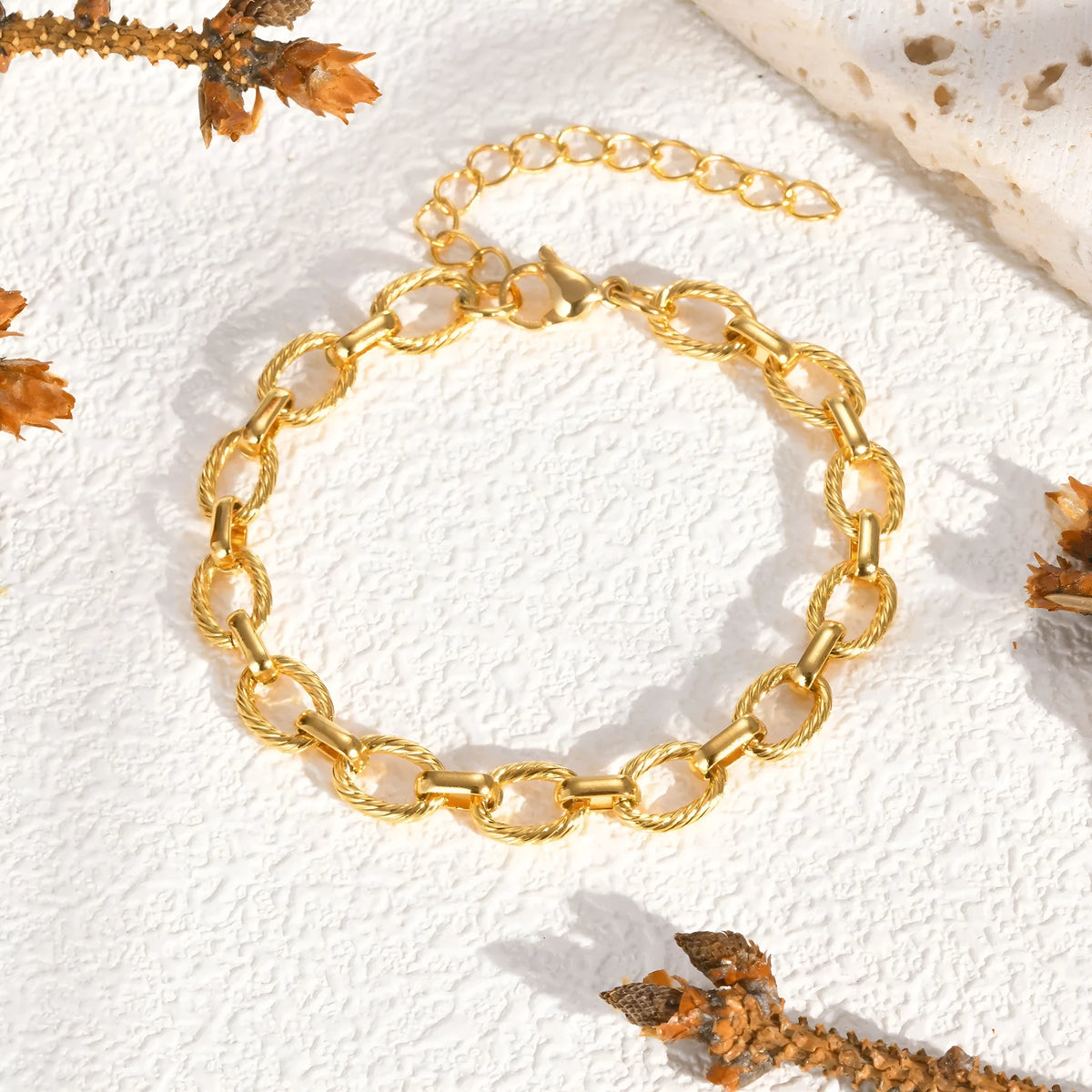Gold electroplated stainless steel geometric embossed necklace and bracelet set for women