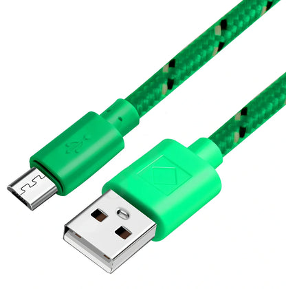 Woven nylon cloth data cable in multiple colours showing Android micro and USB-C connector options