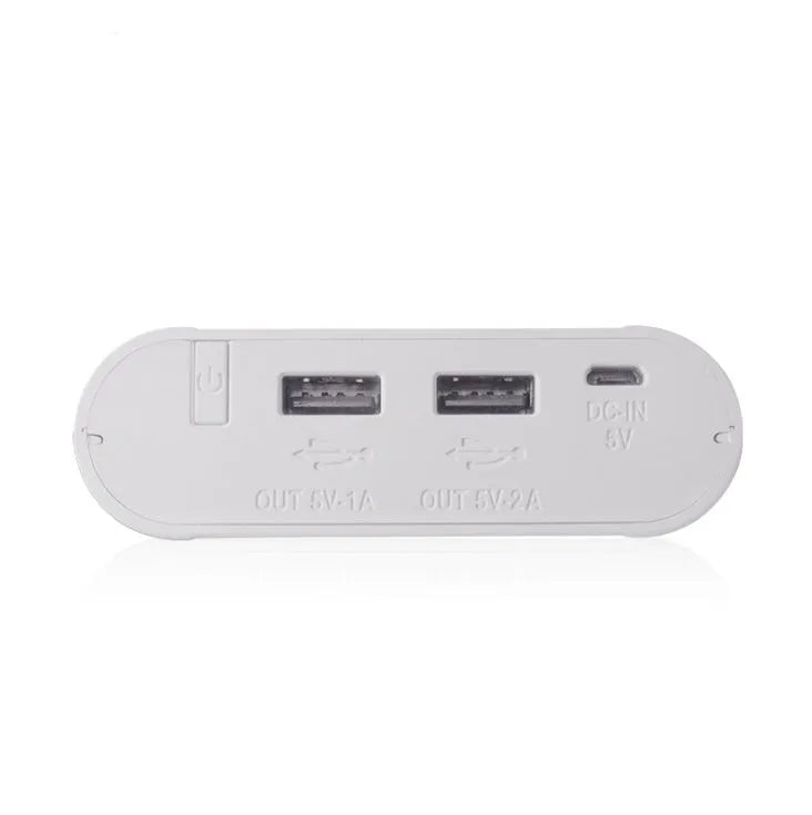 Black and white portable power bank with LCD displays showing four battery levels