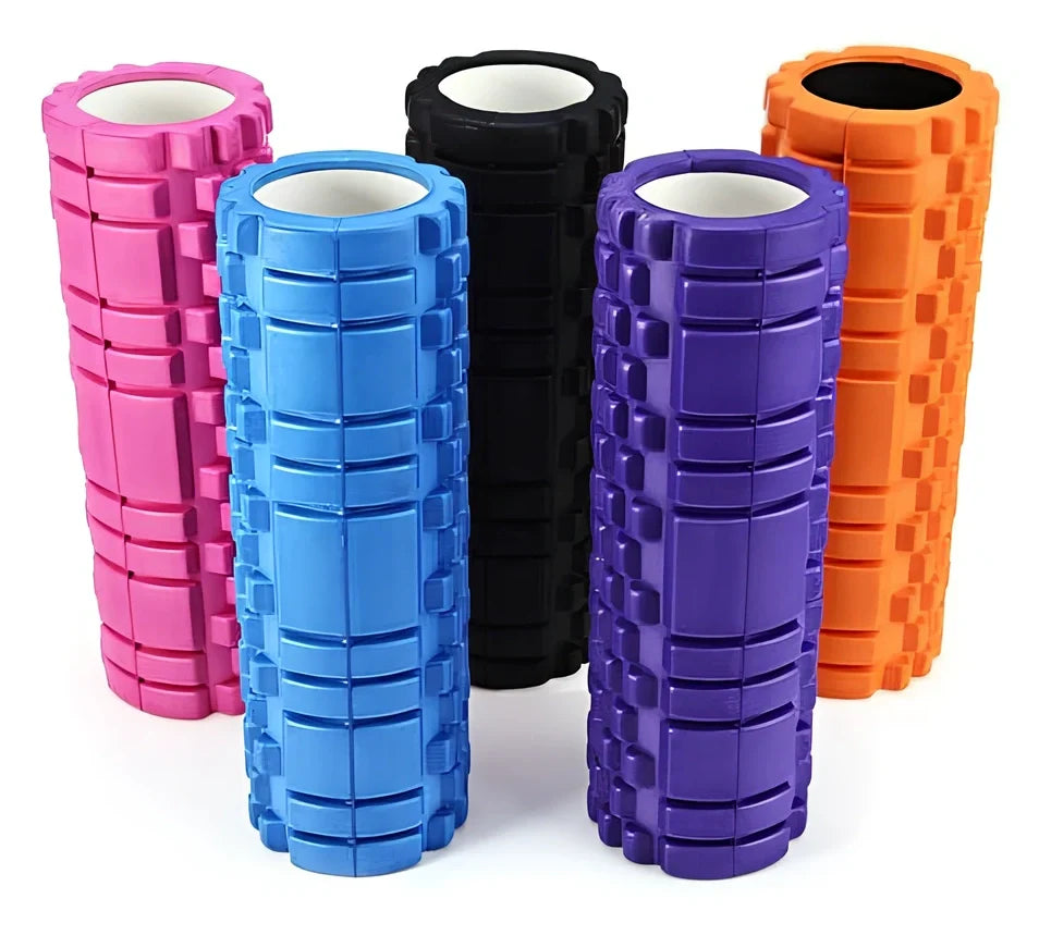 Blue EVA yoga foam roller 30cm long with massage points for muscle recovery
