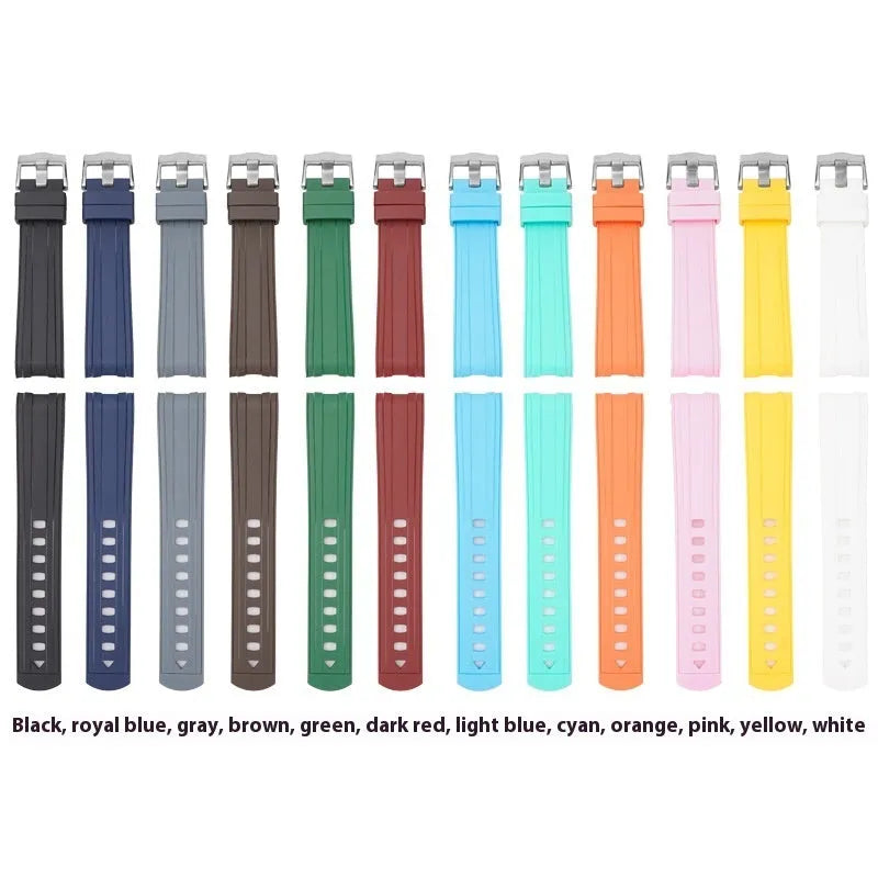 20mm width watch strap with silver buckle shown in multiple colour options including army green, sapphire blue, and dark red.