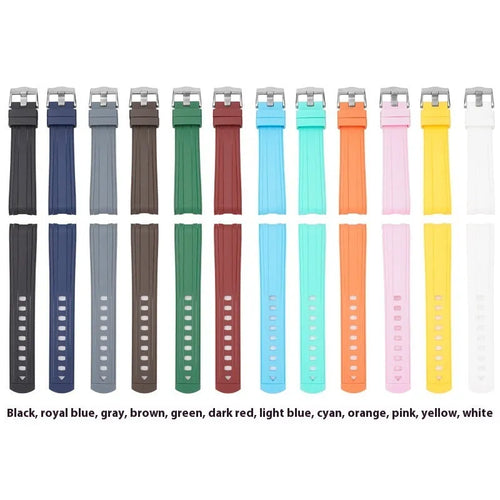 20mm width watch strap with silver buckle shown in multiple colour options including army green, sapphire blue, and dark red.