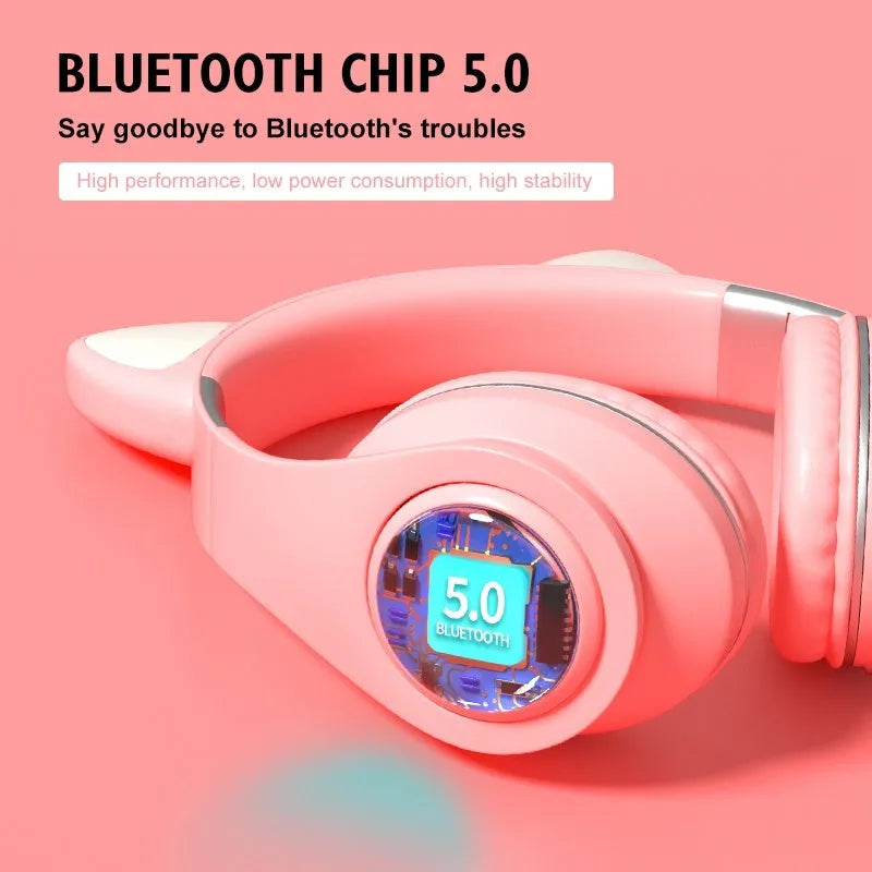 Cat ear design wireless Bluetooth headphones shown in multiple colours including pink, black, and blue.
