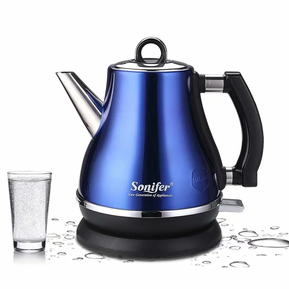 Stainless steel electric kettle with retro ceramic teapot style in black, blue and red colours