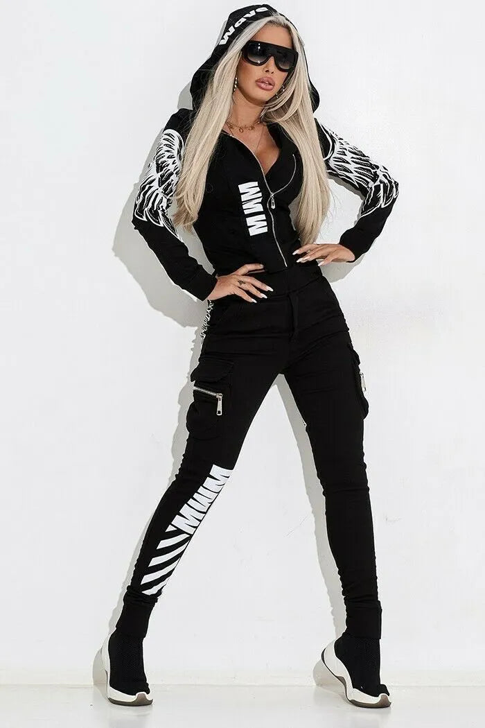 Women's black wings print hooded casual suit set with zipper top and trousers