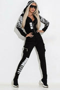 Women's black wings print hooded casual suit set with zipper top and trousers