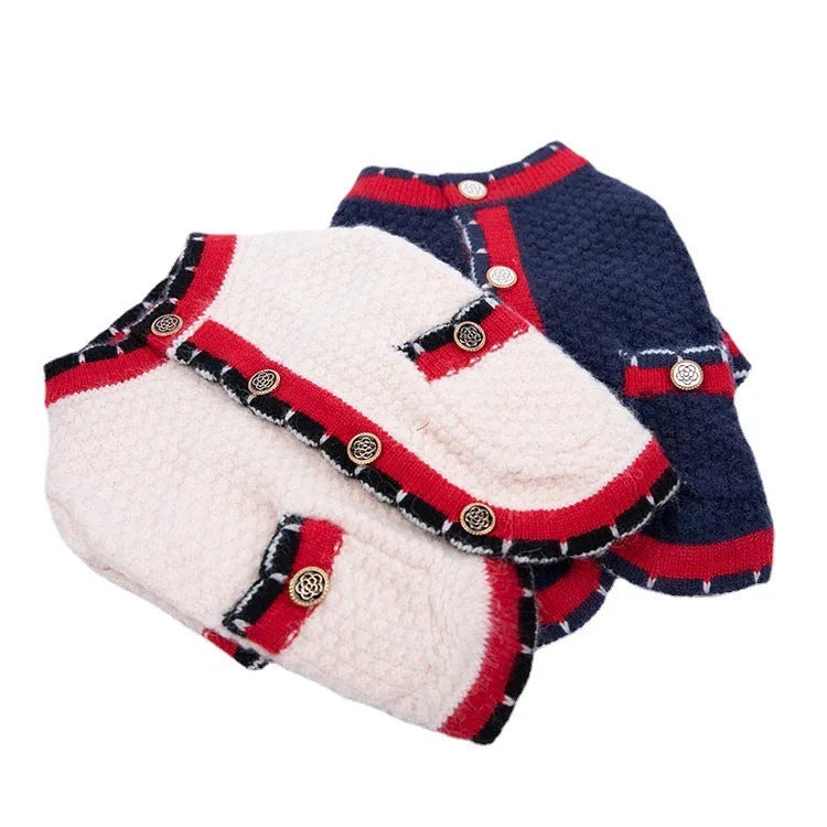 Blue wool pet cardigan with princess collar design shown on a dog model