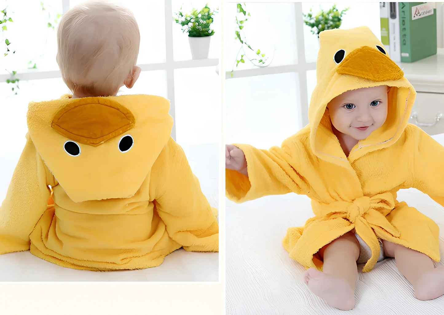 Cotton baby bathrobe with animal hood showing panda design, belt fastening, and absorbent fabric