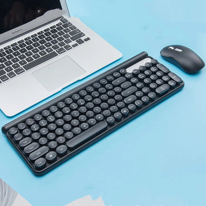 Ergonomic wireless keyboard and mouse set with charging capability, available in yellow, black, and green.