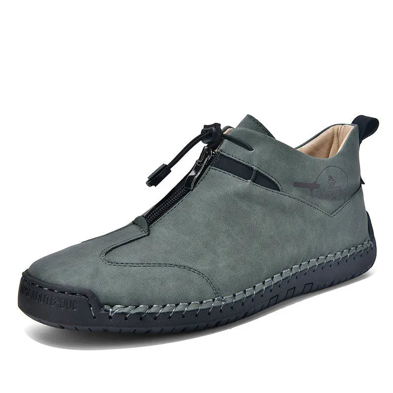 Men's casual leather shoes with pointed toe and mid-heel in black, blue, green, or khaki colours