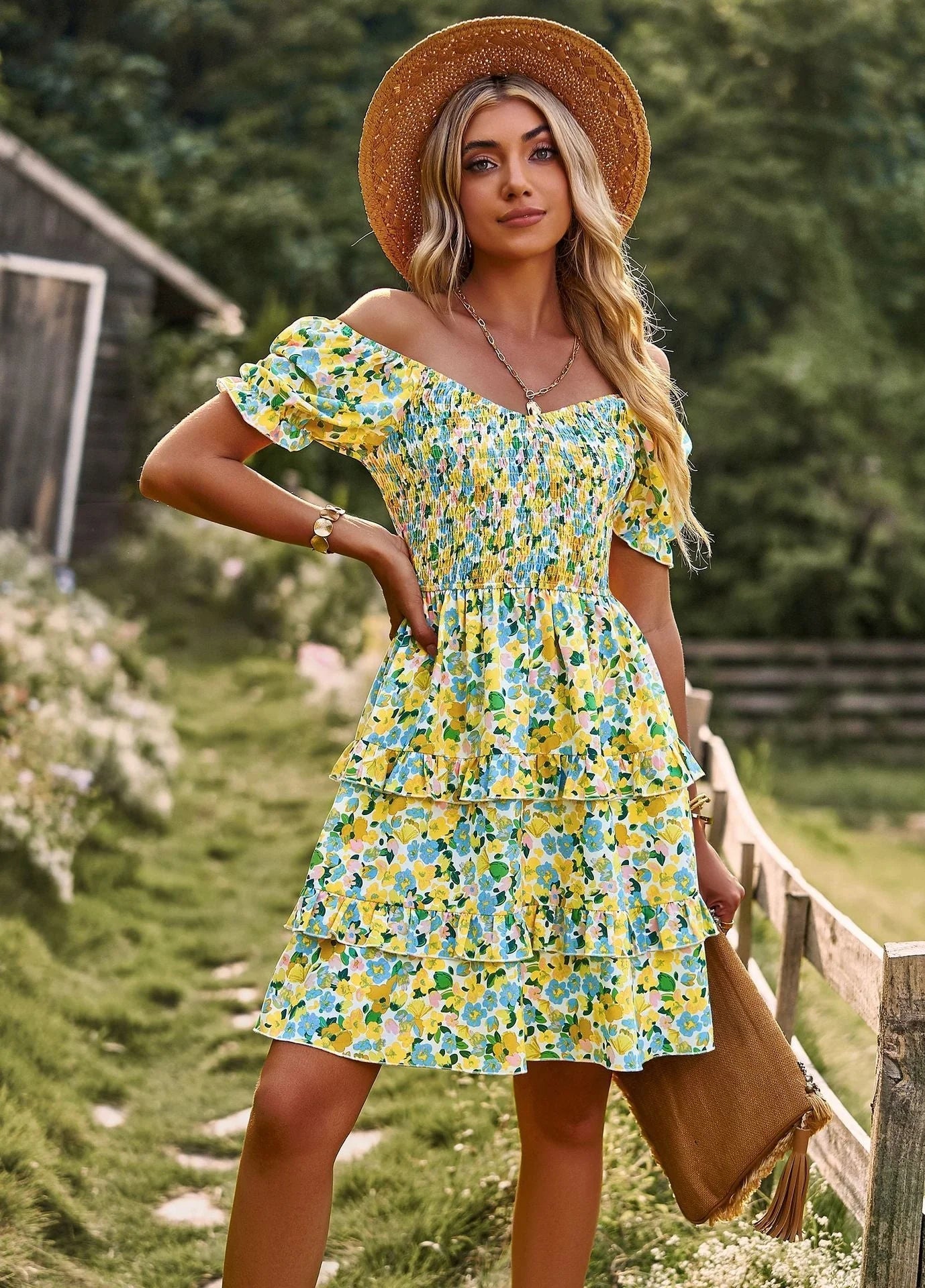 Floral ruffle summer dress with off-shoulder design in various colours