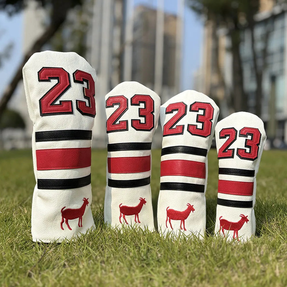 Set of four coloured PU golf club sleeves for iron head protection, including fairway, No1, and putter designs.