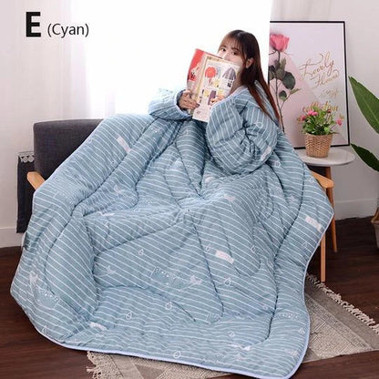 Cozy fleece-lined blanket with sleeves in various colors and designs, providing warmth and comfort for cold weather use.