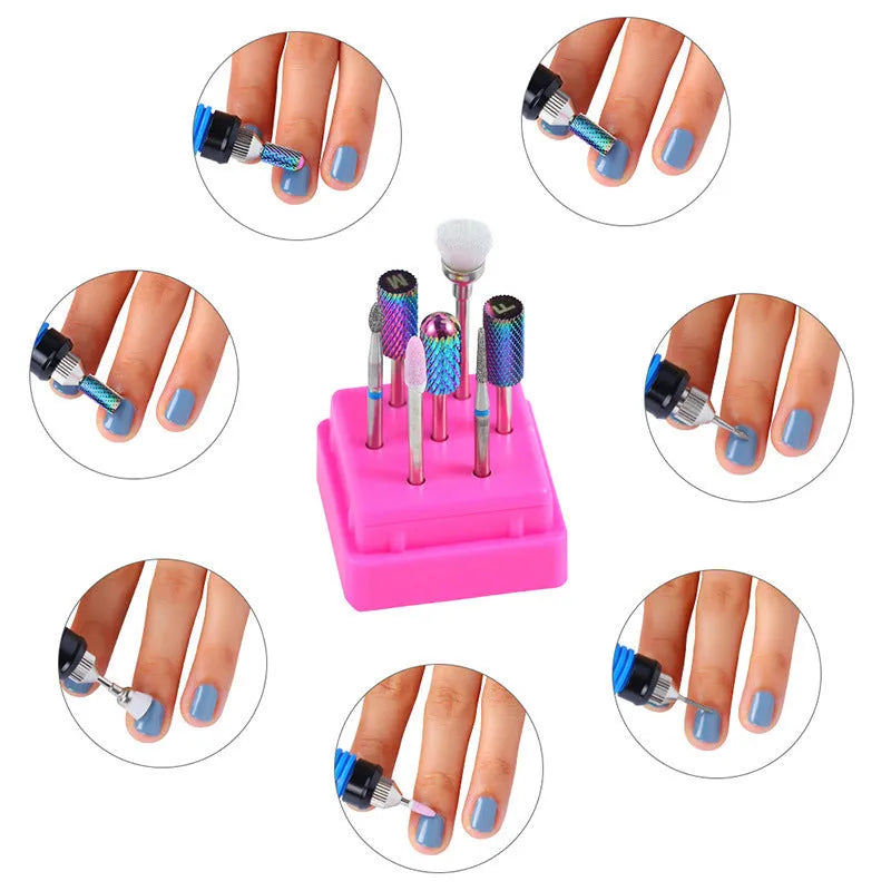 Tungsten steel nail drill bit set with six bits and one brush in a transparent case.