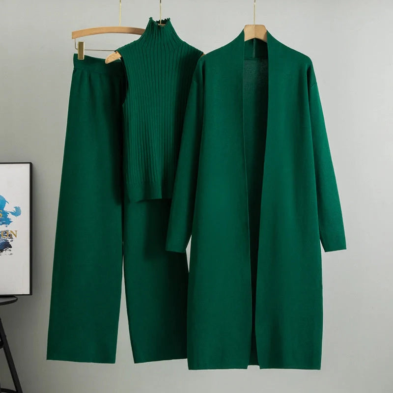 Women's 3-piece knitting suit set with sleeveless vest, long cardigan, and wide-leg pants in various colours