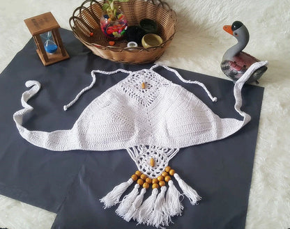 Crochet tassel bikini set with adjustable ties in black, khaki, and white colours showing front and back views