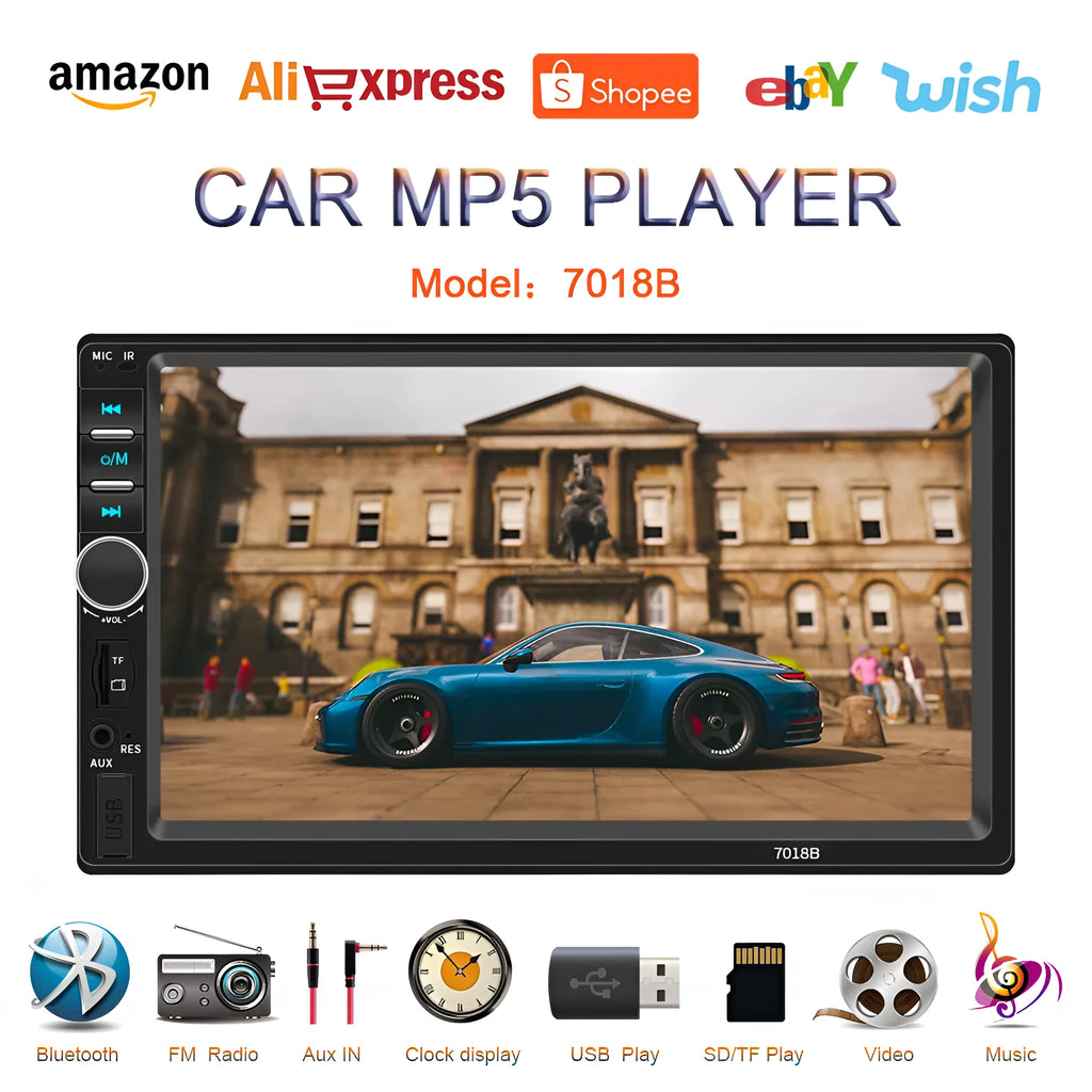 7-inch dual spindle vehicle MP5 player with Bluetooth and reversing function in black front view