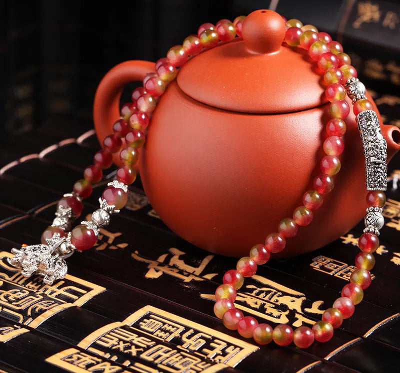 Handmade watermelon crystal bracelet with Chinese knot design and geometry beads in 6mm or 8mm sizes