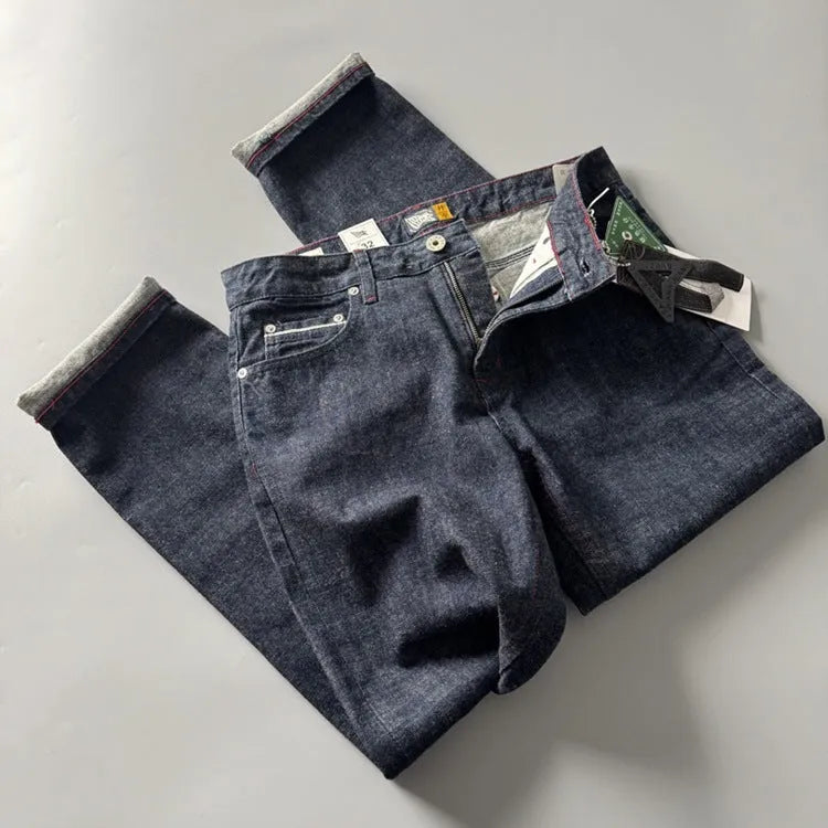 Men's straight leg denim trousers in primary colour with American retro style and mid waist fit.