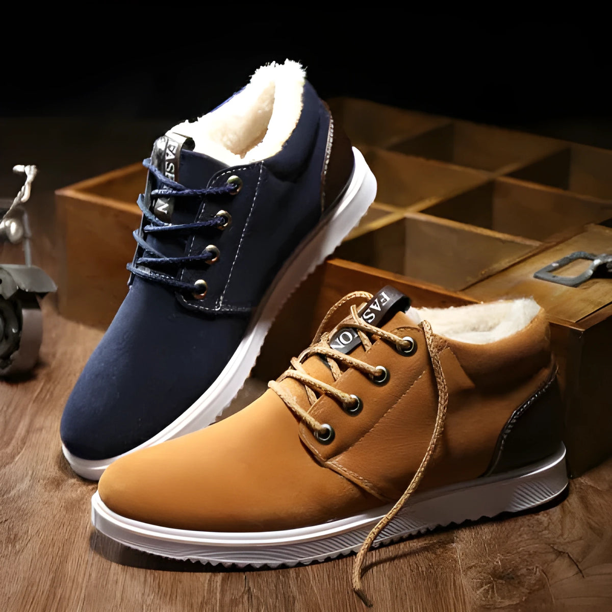 Winter men's casual shoes in black with scrub and cotton upper and lace-up closure