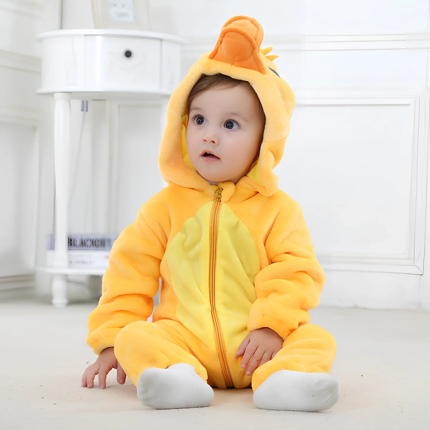 Cotton flannel baby romper with animal print design for winter wear, showing reinforced stitching and soft fabric texture