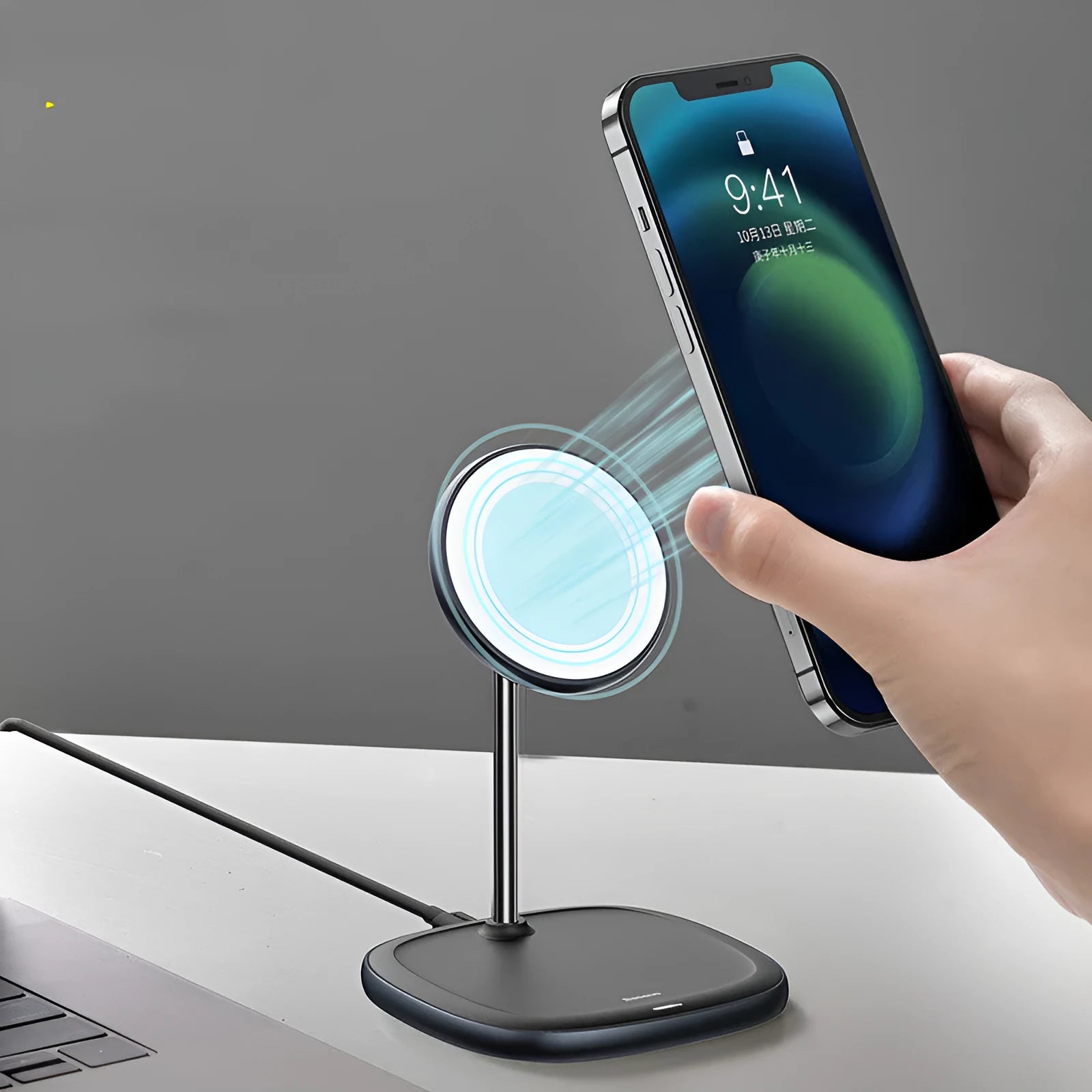 Swan magnetic wireless charging stand for iPhone 12 in black or white with Type-C cable