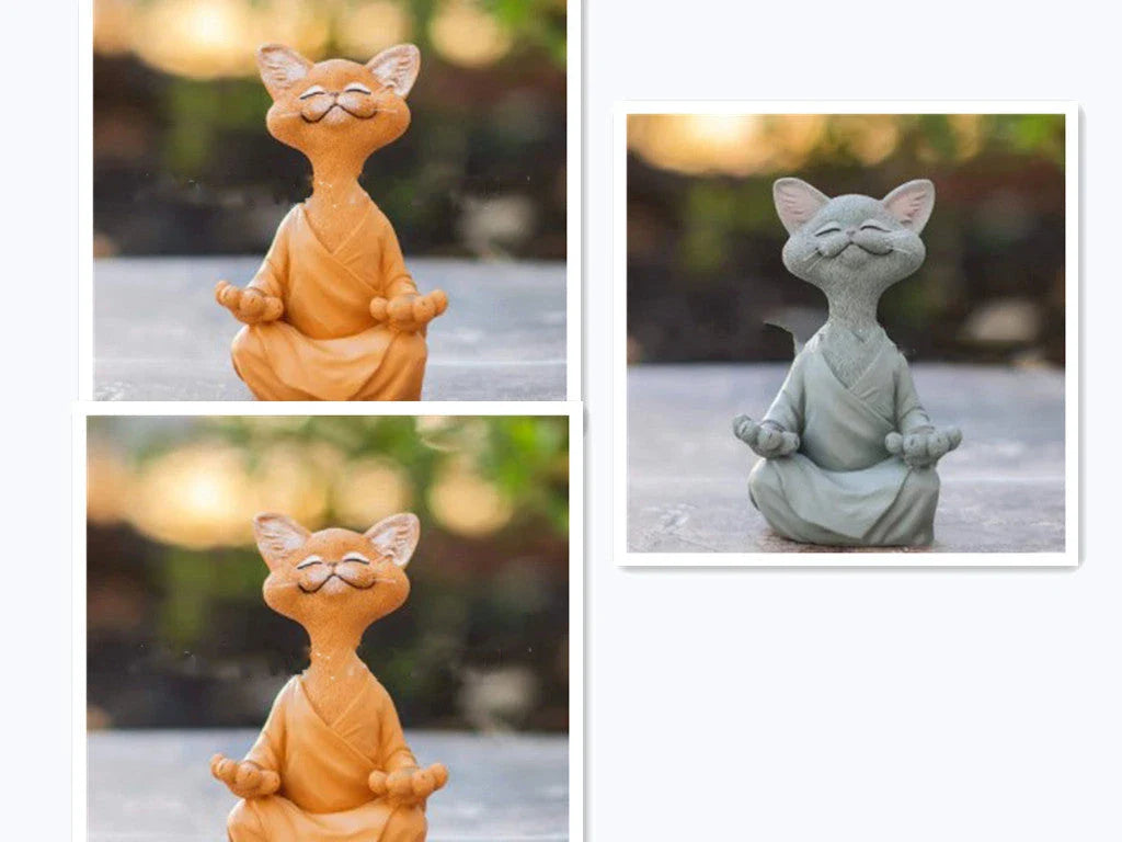 Charming ceramic Buddha cat figurine in black, grey, and orange colors for meditation, yoga, and home decor