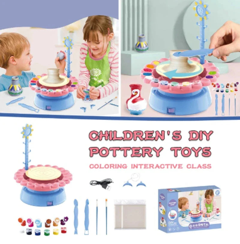 Electric Pottery Drawing Machine DIY Set for kids with clay, paints, and tools