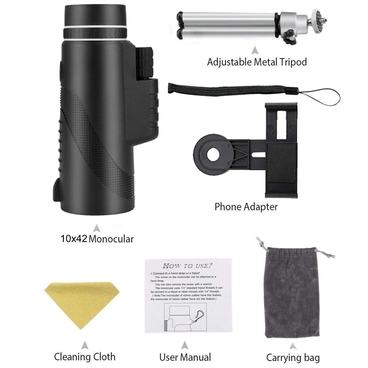 Black HD 40x60 monocular telescope for mobile phones with 40X magnification and waterproof design